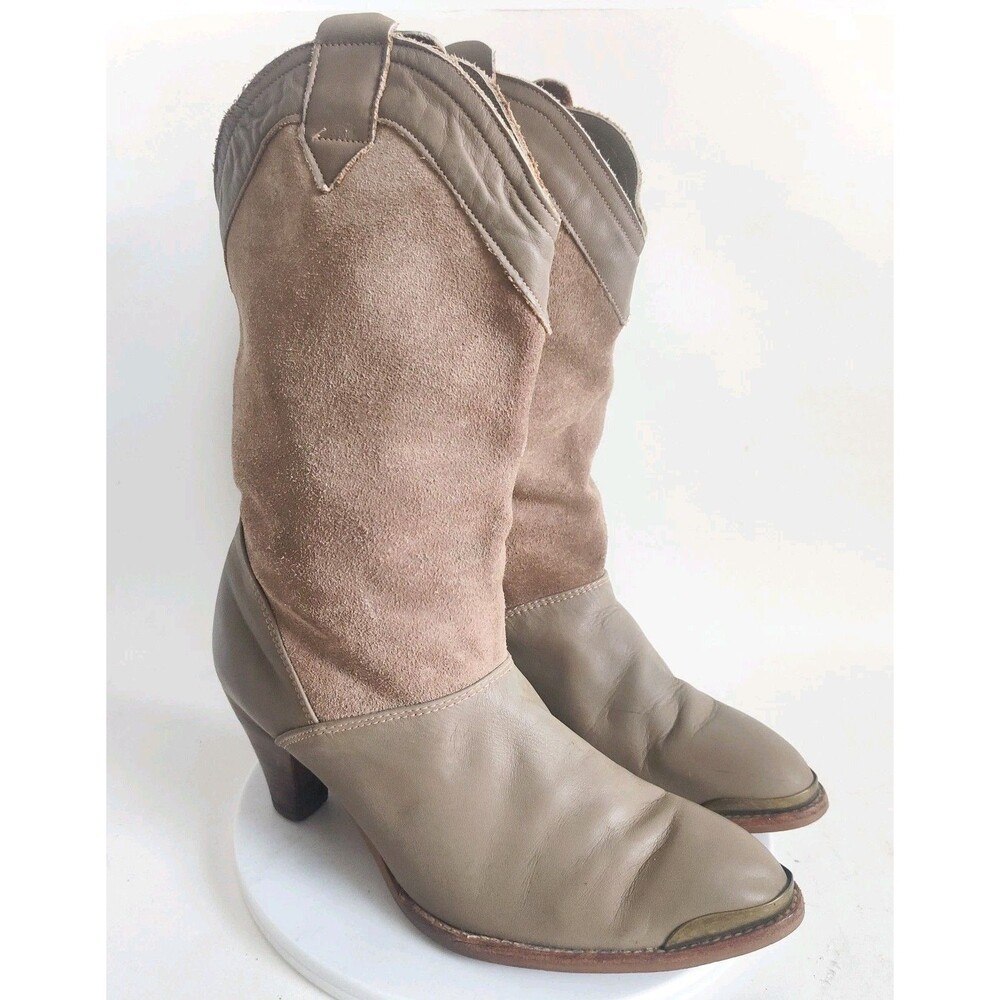 Vintage Neutral Suede Leather Pull On Boho Ankle Boots Size 6.5 Western Mid-Calf - Picture 2 of 11